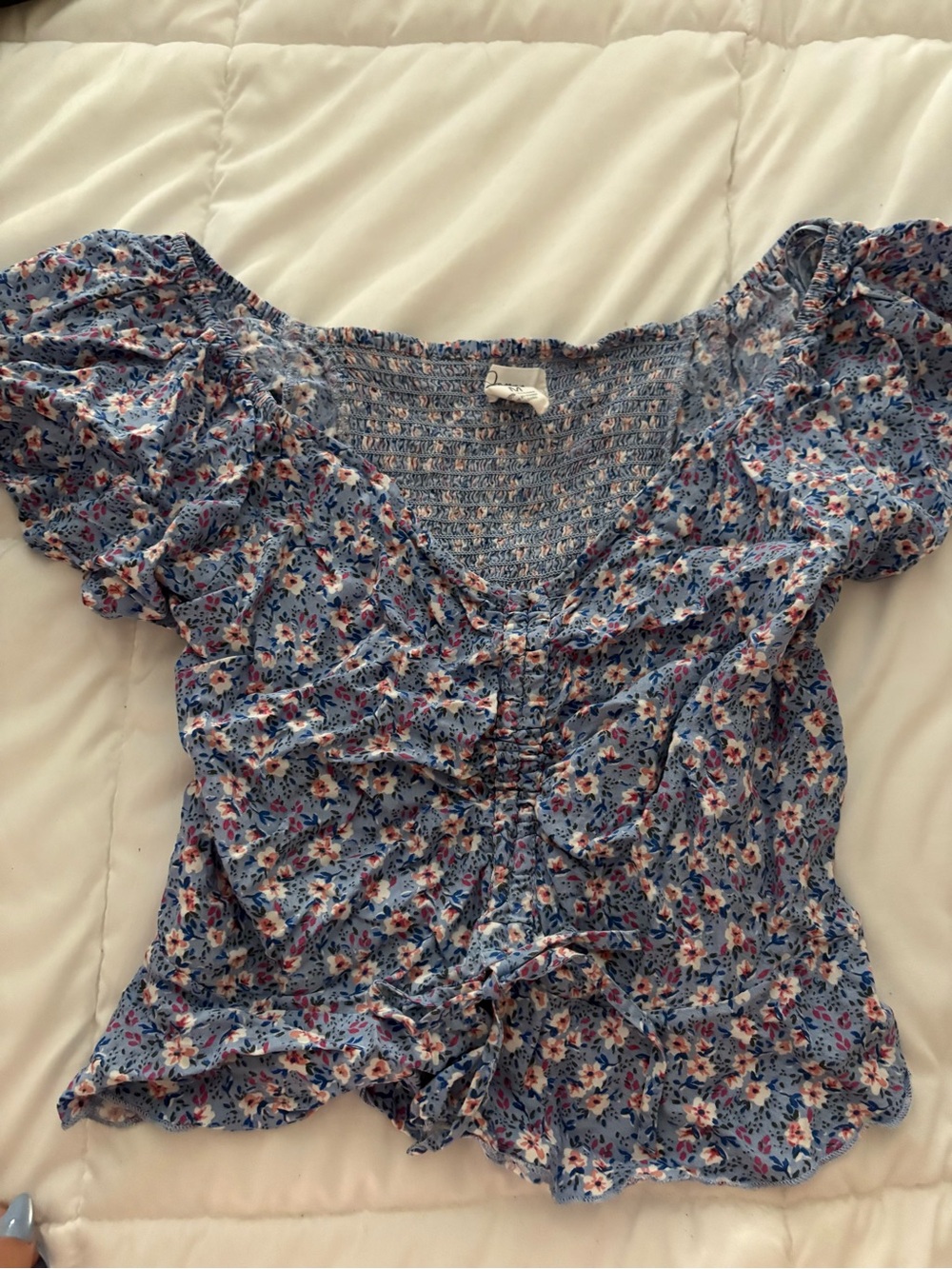 gaze Blue Floral Smocked Ruffle Blouse